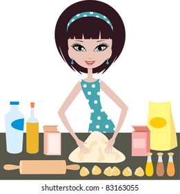 Young woman prepares dough.  vector, color full, no gradient