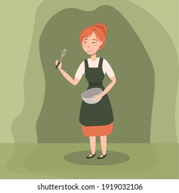 Young woman prepares food. Hand drawn, vector cartoon illustration of a chef, restaurant chef apron and uniform, workers profession, flat design of restaurant staff, vector character, chef brings food