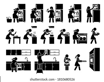 Young Woman Preparing Food At Kitchen Stick Figures Icon. Vector Artwork Of A Girl Cooking At Home And Doing Chores At House.