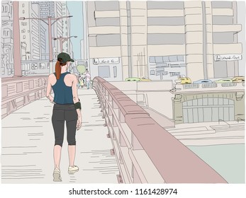 Young woman preparing to go for a run in a city. Hand drawn illustration.