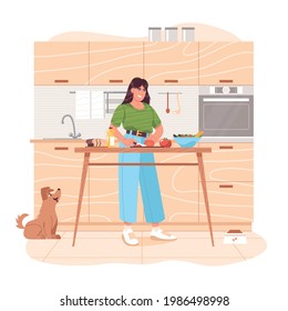 Young woman preparing healthy food, slicing veggies on the table. Happy girl preparing vegetable salad on kitchen at home for breakfast or lunch. Vegetarian cuisine. Flat cartoon vector illustration.