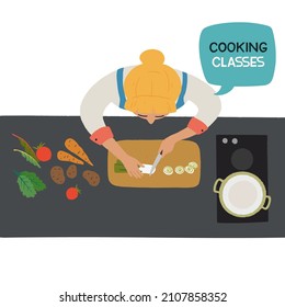 Young woman preparing healthy food in kitchen. Hand drawn illustration for cooking classes, culinary vlog or blog. Home hobby concept.