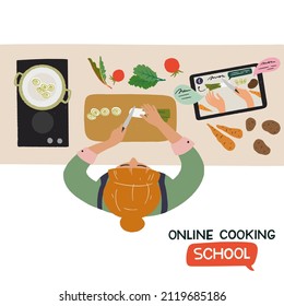 Joven preparando comida saludable en la cocina siguiendo la receta de video en tablet. Ilustración dibujada a mano para clases de cocina en línea o escuela, vlog culinario, blog. El concepto de hobby casero.