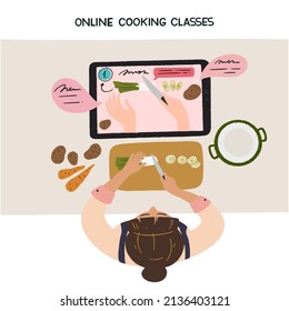 Young woman preparing healthy food in kitchen following video recipe on tablet. Hand drawn illustration for online cooking classes or school, culinary vlog, blog. Home hobby concept