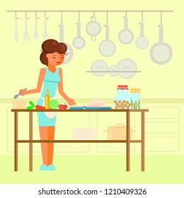 Young woman preparing meal in kitchen. Vector illustration in flat style. Cooking hobby concept design element.