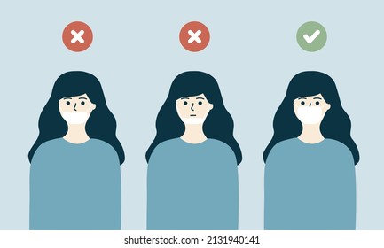Junge Frau, die die richtige Methode vorstellt, eine Maske zu tragen. 
Vorbeugung von Viren, Krankheiten, Grippe und Luftverschmutzung. Gesundheit, Koronavirus-Quarantäne, Sicherheit, Vorbeugungskonzepte. Flaches design, Vektorgrafik.