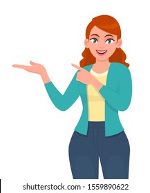 Young woman presenting hand to copy space. Trendy smiling girl pointing finger. Happy teenager introducing something. Female character design illustration. Modern lifestyle concept in vector cartoon.