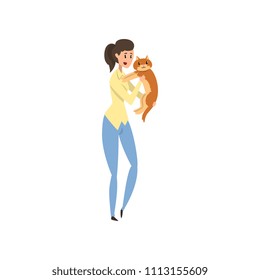Young woman presenting her purebred pet at cat breeds show cartoon vector Illustrations on a white background