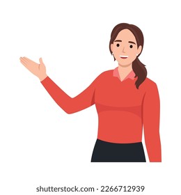 Young woman presenting, making a gesture. Flat vector illustration isolated on white background