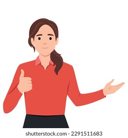 Mujer joven presentando, haciendo un gesto con el pulgar hacia arriba. Ilustración vectorial plana aislada en fondo blanco