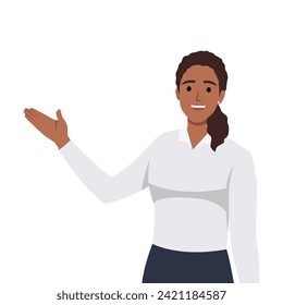 Young woman presenting, making a gesture. Flat vector illustration isolated on white background