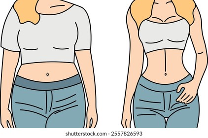 Young Woman Presenting Weight Loss Results with Before and After Comparison