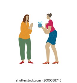 Young woman presents a gift to her mother. Isolated cartoon young people vector illustration.