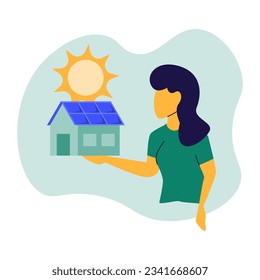 Young woman presents a house with a solar panel