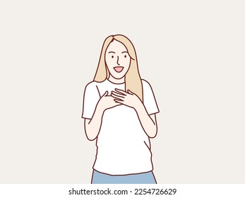 Young woman presses hand to heart feels touched admirable and grateful simple korean style illustration
