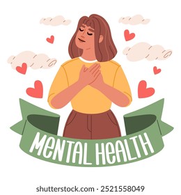 Young woman presses her palms to her chest and experiences harmony within herself. Mental health vector illustration.