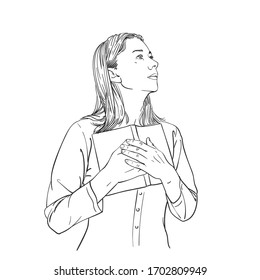 Young woman presses open book to herself with both hands, looks sideways up, vector sketch, hand drawn linear illustration isolated