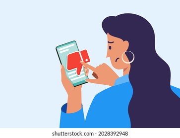 Young Woman Pressing Dislike Button on Social Media Post Illustration