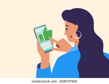 Young Woman Pressing Like Button on Social Media Post Illustration