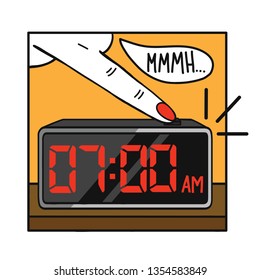 young woman pressing snooze button on early morning digital alarm clock radio