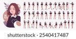 Young woman, pretty girl in cute outfit character set, professional business bundle. Nice female poses, emotions, office situations. Vector illustration isolated on white background