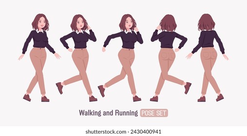 Mujer joven, chica bonita, conjunto de traje lindo, correr, caminar poses. Vestido de oficina casual de negocios inteligente, suéter negro, cuello de camisa blanca, pantalones de traje beige, zapatos marrones clásicos. Ilustración de vector