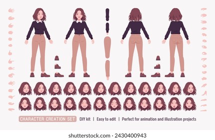 Young woman pretty girl in cute outfit DIY character creation set. Female body figure parts. Head, leg, hand gestures, different emotions. Vector construction business kit isolated on white background