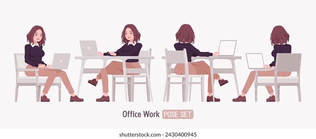 Young woman, pretty girl in cute outfit set busy laptop working. Casual business office attire, black sweater, white shirt collar, beige costume pants classic brown shoes. Vector illustration