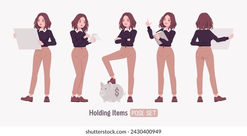 Young woman, pretty girl in cute outfit set holding items. Smart business casual office attire, black sweater, white shirt collar, beige costume pants, classic brown shoes. Vector illustration