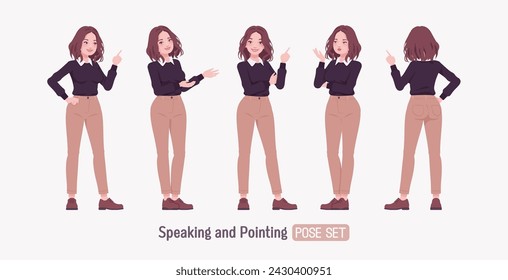 Mujer joven, chica bonita, conjunto de traje lindo hablar, pose de punto. Vestido de oficina casual de negocios inteligente, suéter negro, cuello de camisa blanca, pantalones de traje beige zapatos marrones clásicos. Ilustración de vector