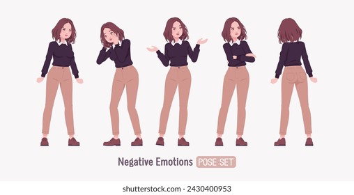 Young woman, pretty girl in cute outfit set negative emotion. Smart business casual office attire, black sweater, white shirt collar, beige costume pants, classic brown shoes. Vector illustration