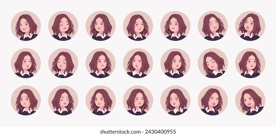 Young woman, pretty girl cute avatar portrait set, businesswoman elegant bundle. Different feelings, emotions face icons, character pic. Vector illustration circles isolated on white background