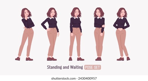 Young woman, pretty girl in cute outfit set, standing poses. Smart business casual office attire, black sweater, white shirt collar, beige costume pants, classic brown shoes. Vector illustration