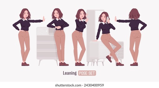 Mujer joven, chica bonita en conjunto de traje lindo, poses inclinadas. Vestido de oficina casual de negocios inteligente, suéter negro, cuello de camisa blanca, pantalones de traje beige, zapatos marrones clásicos. Ilustración de vector