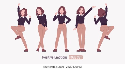 Young woman, pretty girl in cute outfit set positive emotion. Smart business casual office attire, black sweater, white shirt collar, beige costume pants, classic brown shoes. Vector illustration