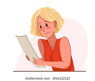 Young woman in problems with paper work vector flat illustration isolated over white, accountant employee or lawyer, mistake fail problem.