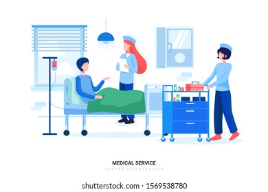 Young woman professional doctor with notepad smiling, visiting, talking, and diagnosing the man patient lying in patient’s bed at hospital ward. Flat style color modern vector illustration.