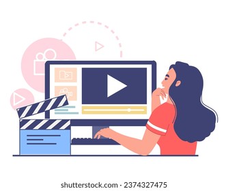 Young woman professional motion designer creating animated video making multimedia content for vlog or social media network on computer at workspace vector illustration