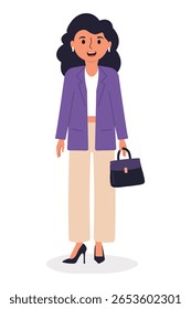 Young woman in a professional outfit smiling while holding a handbag in a minimalist style illustration.Businesswoman character in flat style isolated on white background.Vector illustration.
