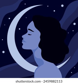 Young woman profile with closed eyes on crescent background. Portrait or avatar of a young female side view. Calm and peaceful girl. Vector illustration