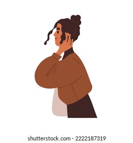 Young woman profile, going and fixing, touching hair, curly hairstyle with hairbun. Modern fashion girl, female character side view. Flat vector illustration isolated on white background