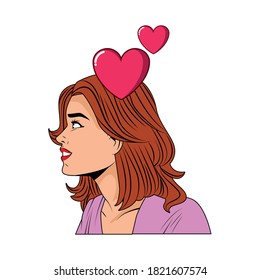 young woman profile with hearts pop art style character vector illustration design