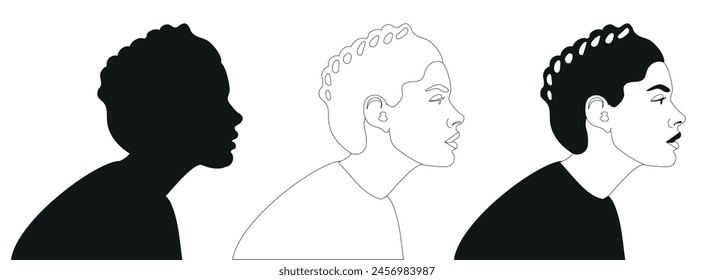 A young woman in profile. Vector black and white illustration. Head and shoulders side view. Three variants of a female portrait, silhouette, line graphics, stylization.