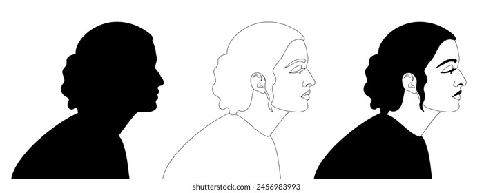 A young woman in profile. Vector black and white illustration. Indian woman, Head and shoulders side view. Three variants of a female portrait, silhouette, line graphics, stylization.