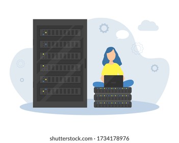 Junge weibliche Programmiererin, die mit Computer im Serverraum arbeitet, Systemadministrator-Weibliche Systemadministratorin Überwachung des Serverbetriebs Vector Illustration