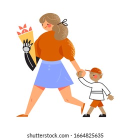 Young woman with prosthesis instead of hand walking with kid