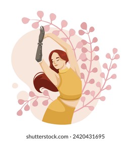 Mujer joven con brazo protésico, concepto positivo corporal. La mujer no es tímida con su cuerpo. Forma de figura de belleza. Atractiva persona. Ilustración vectorial plana aislada en fondo blanco