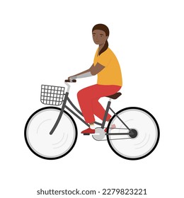 Young woman with a prosthetic arm riding a bicycle. Handicapped person. Isolated vector illustration 