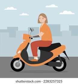 Young woman with a prosthetic arm riding electric scooter. Handicapped person riding modern motor scooter in the city. Vector illustration