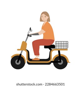Young woman with a prosthetic arm riding modern electric bike scooter. Handicapped person. Isolated vector illustration
